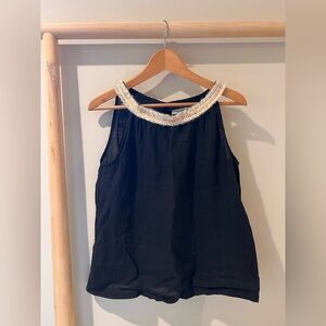 0039 Italy black linen tank boho embroidered metallic crochet ribbon trim sz XS